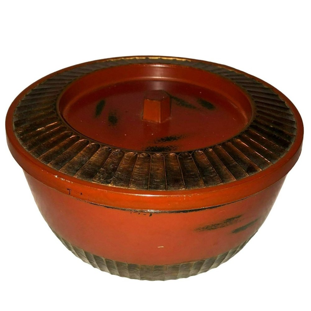 Vintage MCM Lidded Bowl Dark Red Gold Ton Paint 7"Diameter Made in Japan